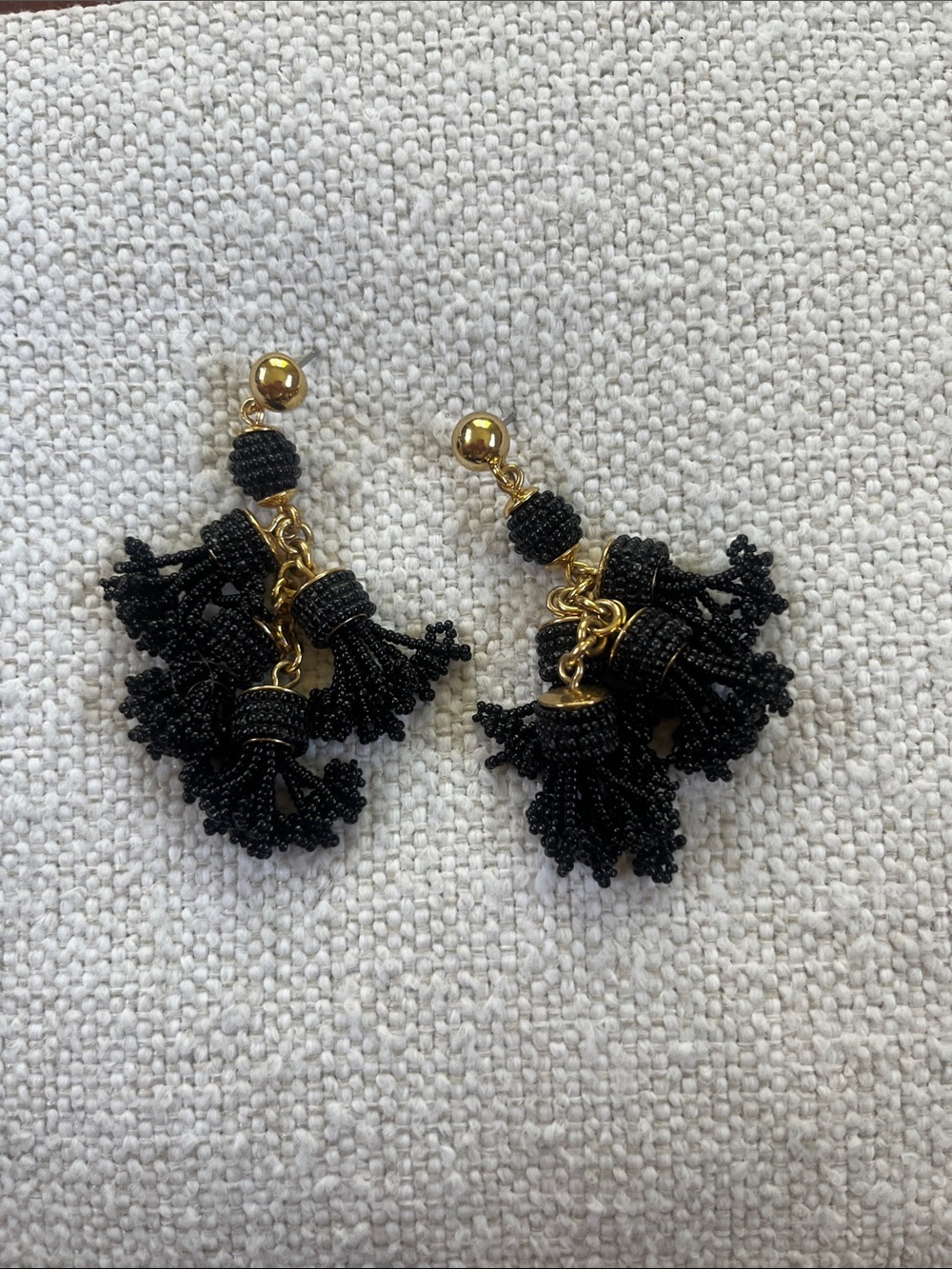 J. Crew Gold and Black Beaded Tassel Cluster Earrings